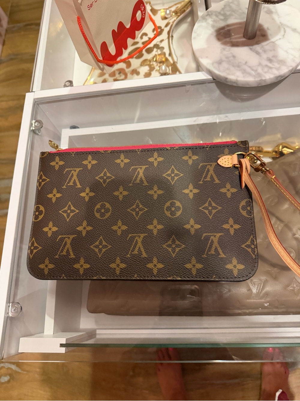 Louis Vuitton Brown Monogram Wristlet with Pink Zip